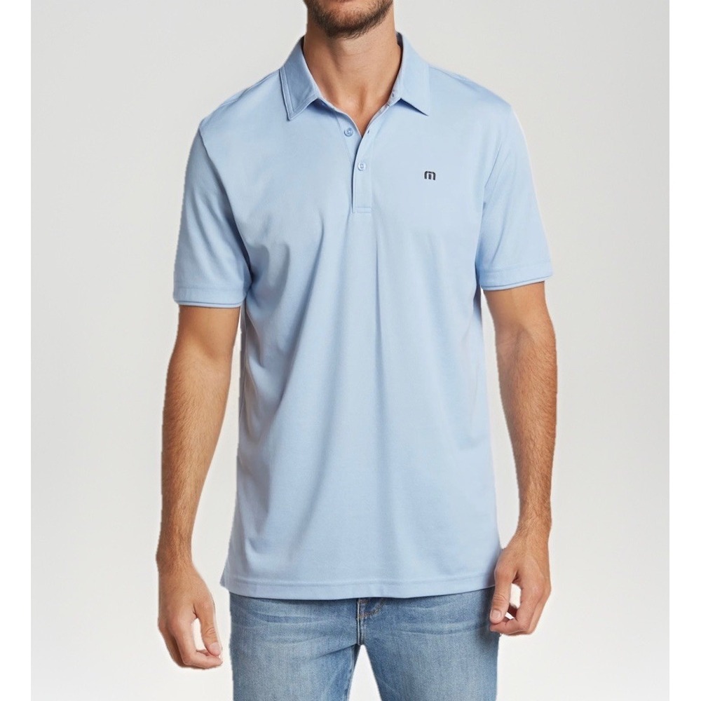 Travis Mathew Excursion Knit Polo Shirt Mens 2XL Light Blue Short Sleeve Golf